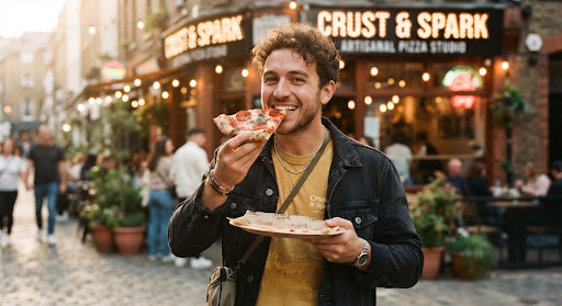 Portrait of a cheerful food lover man with warm smile outdoors in casual stylish streetwear, retro aesthetic lighting