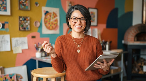 Portrait of an artistic creative director woman with chic haircut smiling warmly, retro pop color backdrop