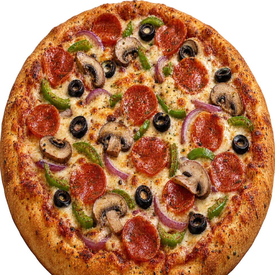 Loaded supreme pizza with pepperoni, mushrooms, green peppers, red onion and black olives