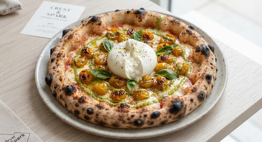 Wood-fired pizza topped with a huge sphere of creamy burrata in the center, roasted golden yellow cherry tomatoes, vibrant green pistachio pesto drizzle, and dark blistered sourdough crust