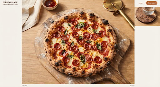 Delicious round artisanal pizza with charred bubbly crust, curls of crispy pepperoni and spicy soppressata drizzled with shiny hot honey, fresh basil, overhead studio shot with warm retro contrast