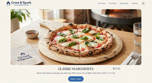 Classic Margherita pizza with blistered charred sourdough crust, bright red tomato sauce, melted pools of fresh white buffalo mozzarella, and vibrant green basil leaves