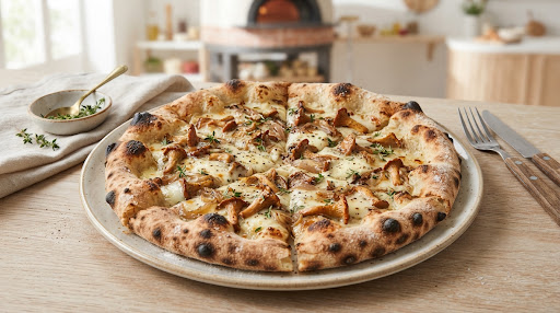 Artisanal white pizza topped with sautéed wild chanterelle mushrooms, creamy melted taleggio cheese, fresh thyme springs, and bubbly blistered sourdough crust
